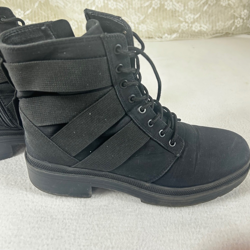 Womens Black Canvas Combat Boots Lace Up Side Zip Elastic Straps Lug Sole Size 9